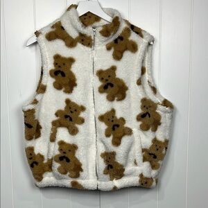 SHEIN Womens Vest Brown/White L Teddy Bear Pattern Full Front Zip Pockets Fleece
